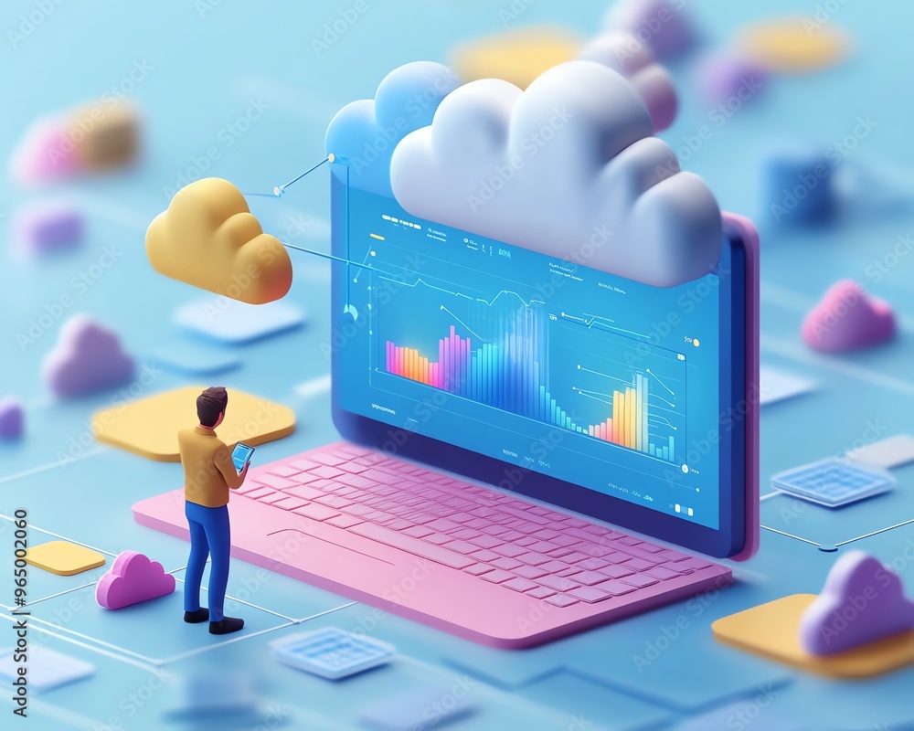 Poster modern flat design cloud computing concept, 3d illustration of qadir, male figure, gaining access to