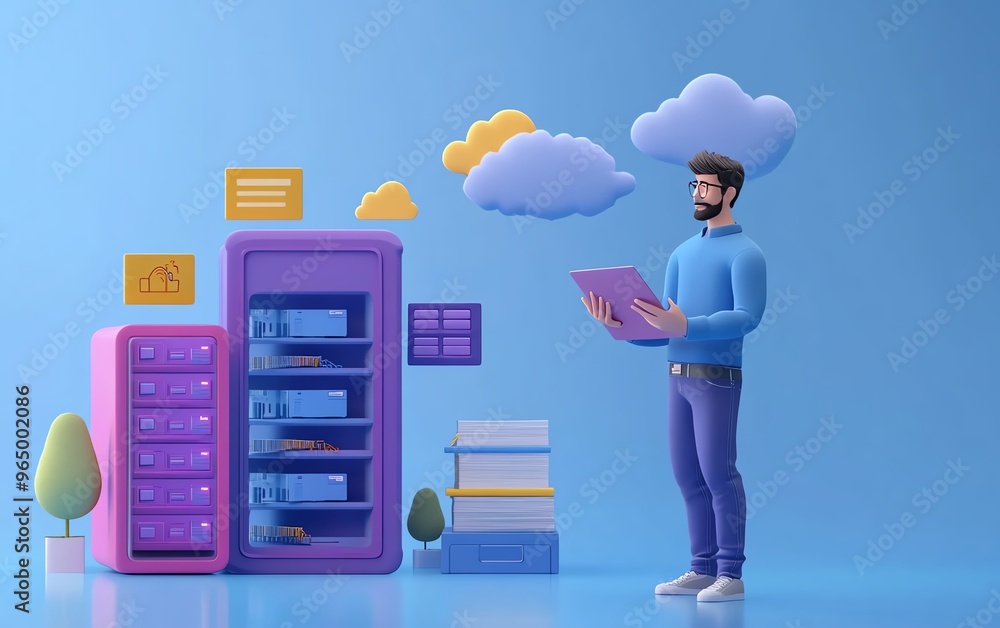 Poster Modern flat design 3D illustration of male user Qadir accessing cloud storage and uploading files, cloud computing concept, data center infrastructure and services