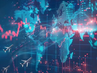 World Business Center: Digital World Map with Flight Paths and Stock Market Graph. Global Travel and Business Concepts.