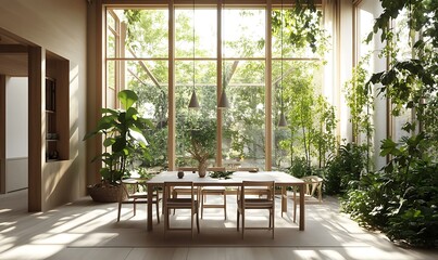 Obraz premium Dining Room with Indoor Natural Beauty, Wooden Furniture, and Large Green Plants