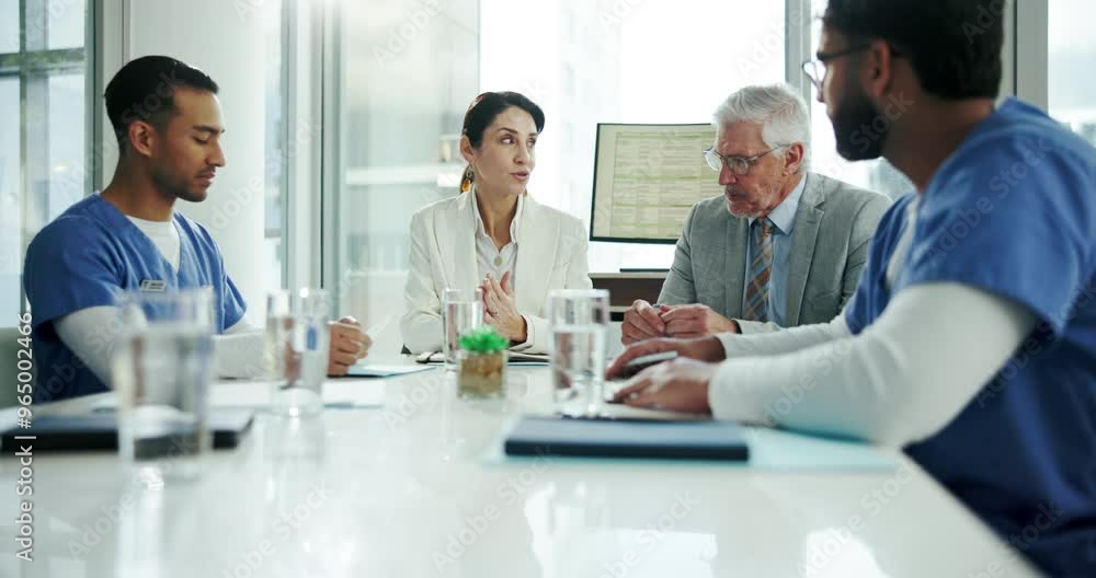 Poster Business people, doctors and planning with healthcare investor for medical research, facility funding and vaccine study trial. Medicine, teamwork and hospital development with ngo partnership advice