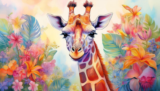 colorful giraffe with tropical concept  wall decoration  wall art