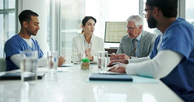 Business people, doctors and planning with healthcare investor for medical research, facility funding and vaccine study trial. Medicine, teamwork and hospital development with ngo partnership advice