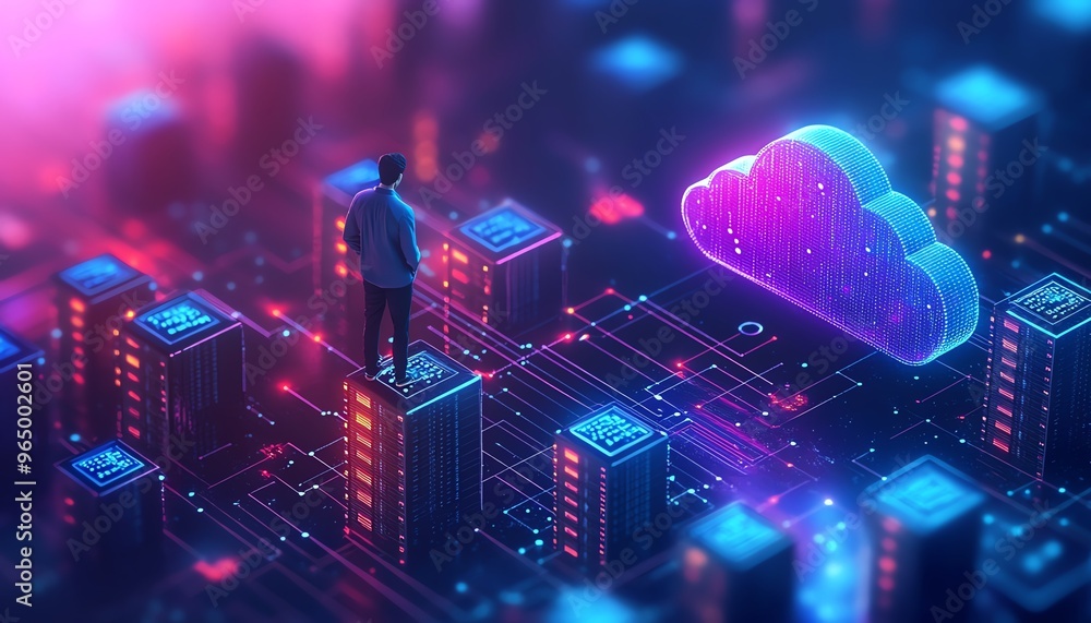 Aufkleber Male figure Qadir in 3D illustration, using remote servers for big data and cloud computing, analyzing and recognizing errors in large data sets, actionable data concept