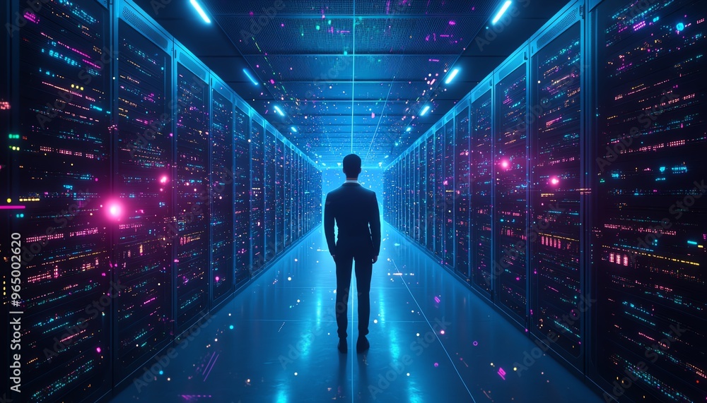 Poster Male figure Qadir in 3D illustration, using remote servers for big data and cloud computing, analyzing and recognizing errors in large data sets, actionable data concept