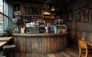 Interior of a vintage wooden cafe, warm and cozy tones, relaxing ambiance, classic old wood round corner counter, coffee machinery, inviting and rustic design