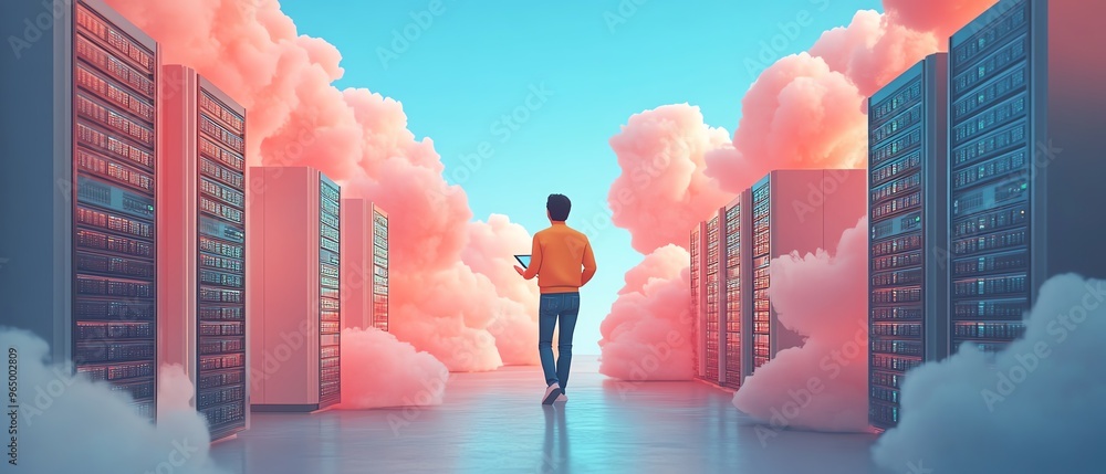 Poster Flat design 3D illustration of Qadir, male figure, accessing cloud storage and uploading data, cloud computing concept, modern data center infrastructure and service