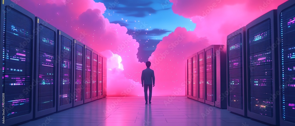 Poster flat design 3d illustration of qadir, male figure, accessing cloud storage and uploading data, cloud