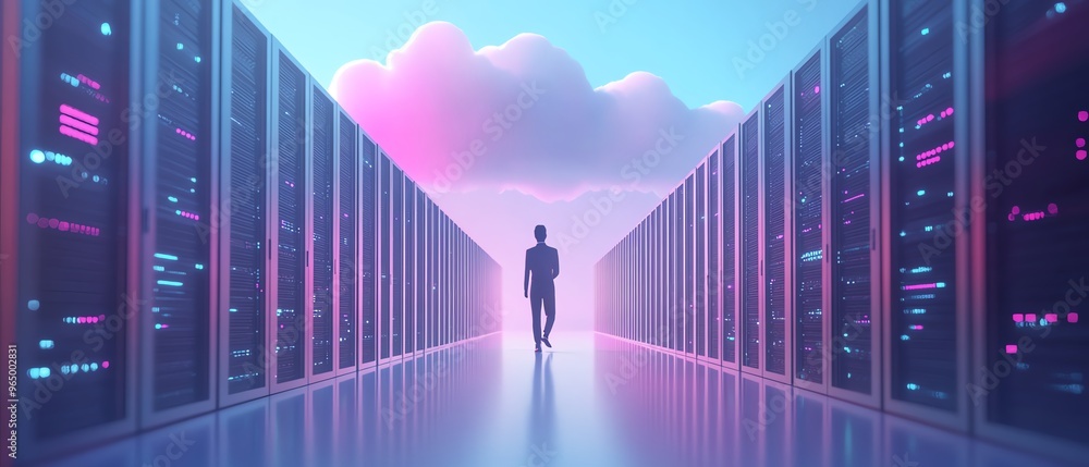 Poster Flat design 3D illustration of Qadir, male figure, accessing cloud storage and uploading data, cloud computing concept, modern data center infrastructure and service