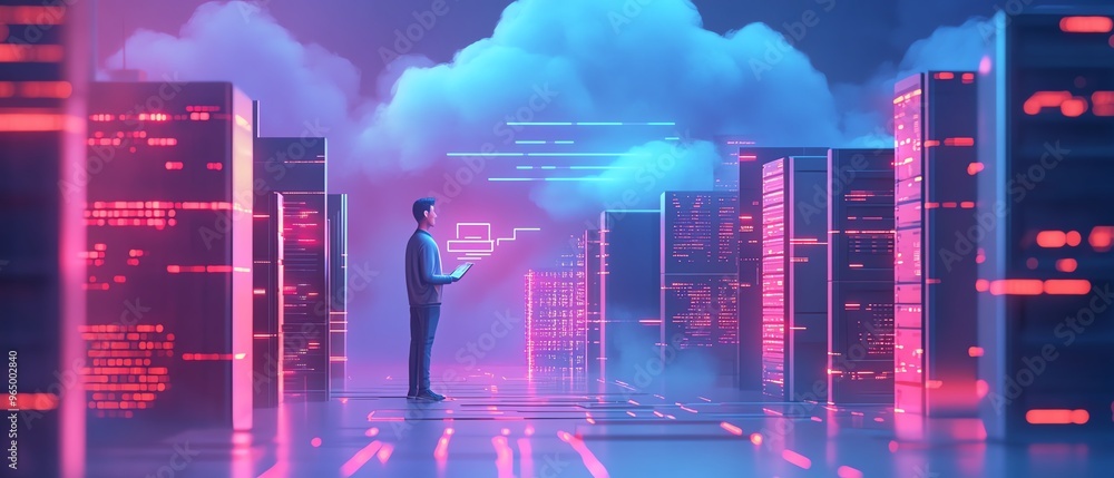 Leinwandbilder flat design 3d illustration of qadir, male figure, accessing cloud storage and uploading data, cloud