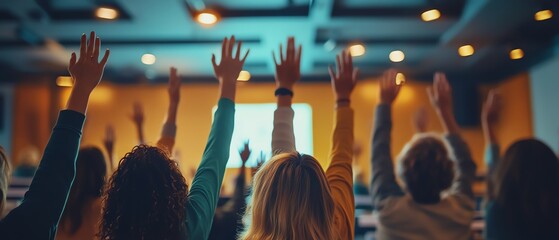 Diverse business professionals raising hands at conference event, team building and collaboration, modern and dynamic conference room, enthusiastic and positive interaction