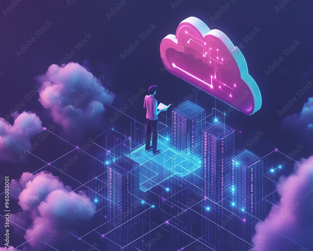Poster Cloud computing concept in flat design, 3D illustration of Qadir, male figure, gaining access to cloud storage and uploading data, modern data center infrastructure