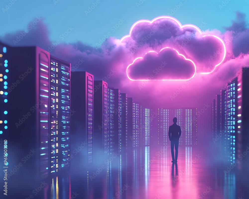 Aufkleber Cloud computing concept in flat design, 3D illustration of Qadir, male figure, gaining access to cloud storage and uploading data, modern data center infrastructure