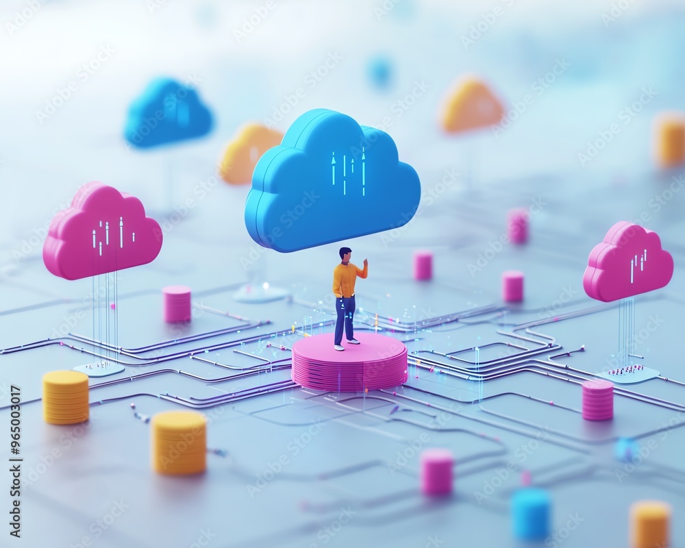 Fototapete Cloud computing concept in flat design, 3D illustration of Qadir, male figure, gaining access to cloud storage and uploading data, modern data center infrastructure