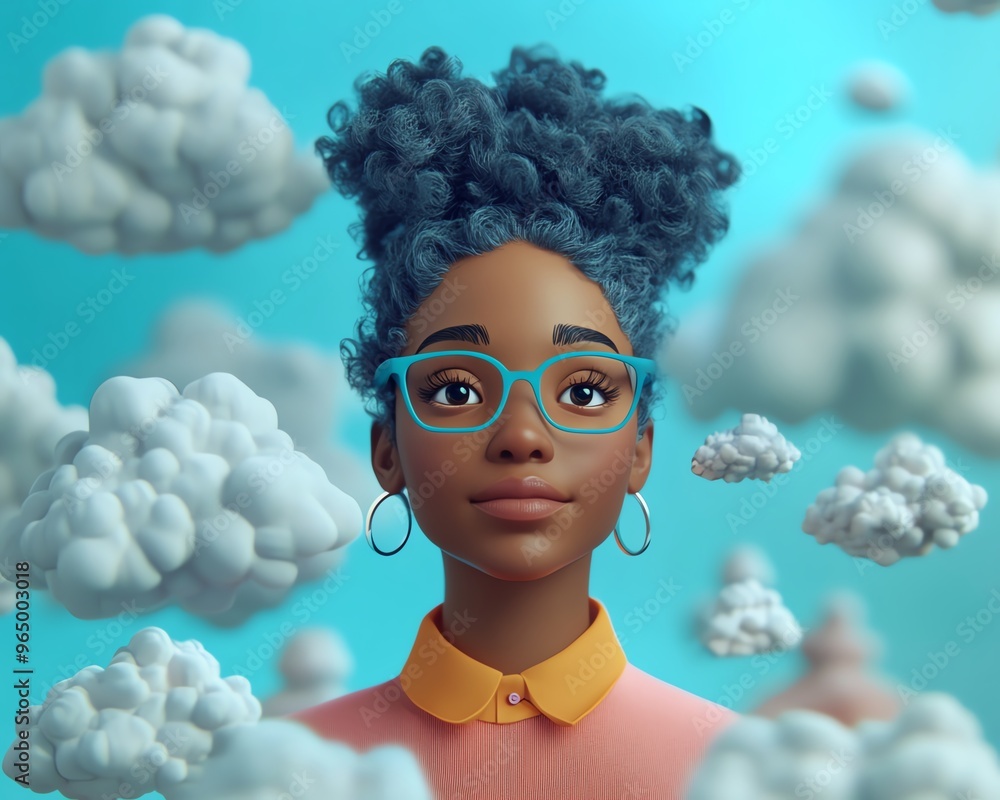 Poster Cloud computing concept featuring African American woman Coco in 3D illustration, using cloud service server for data processing and storage, blogging and mobile app focus