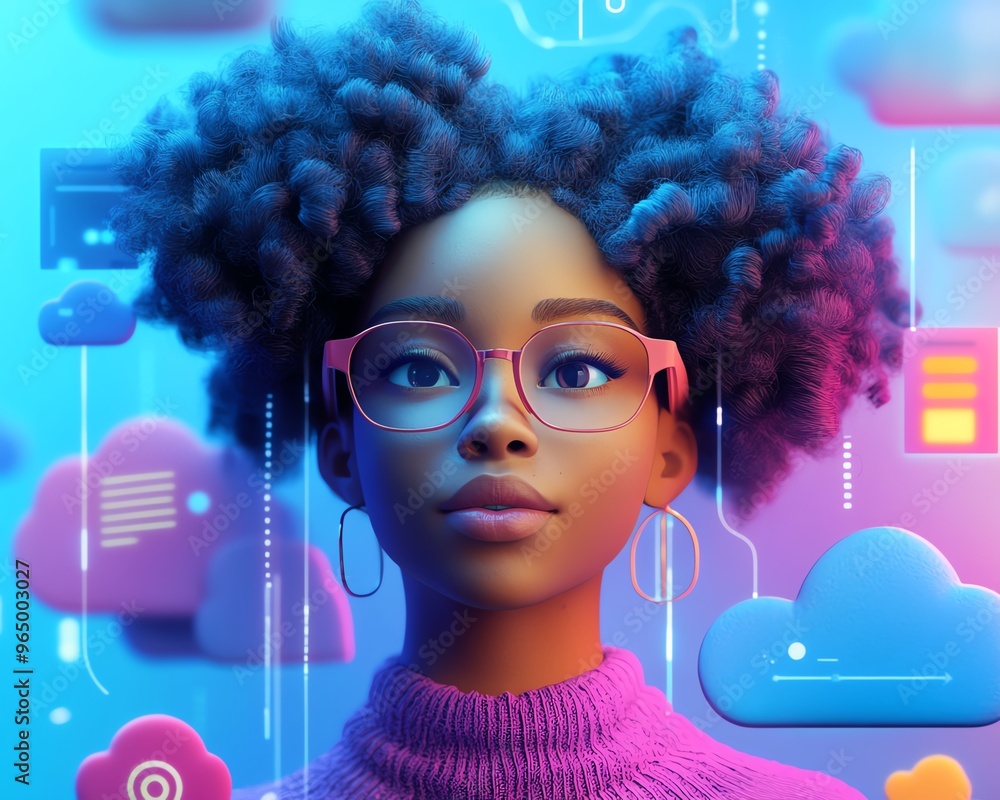 Poster Cloud computing concept featuring African American woman Coco in 3D illustration, using cloud service server for data processing and storage, blogging and mobile app focus