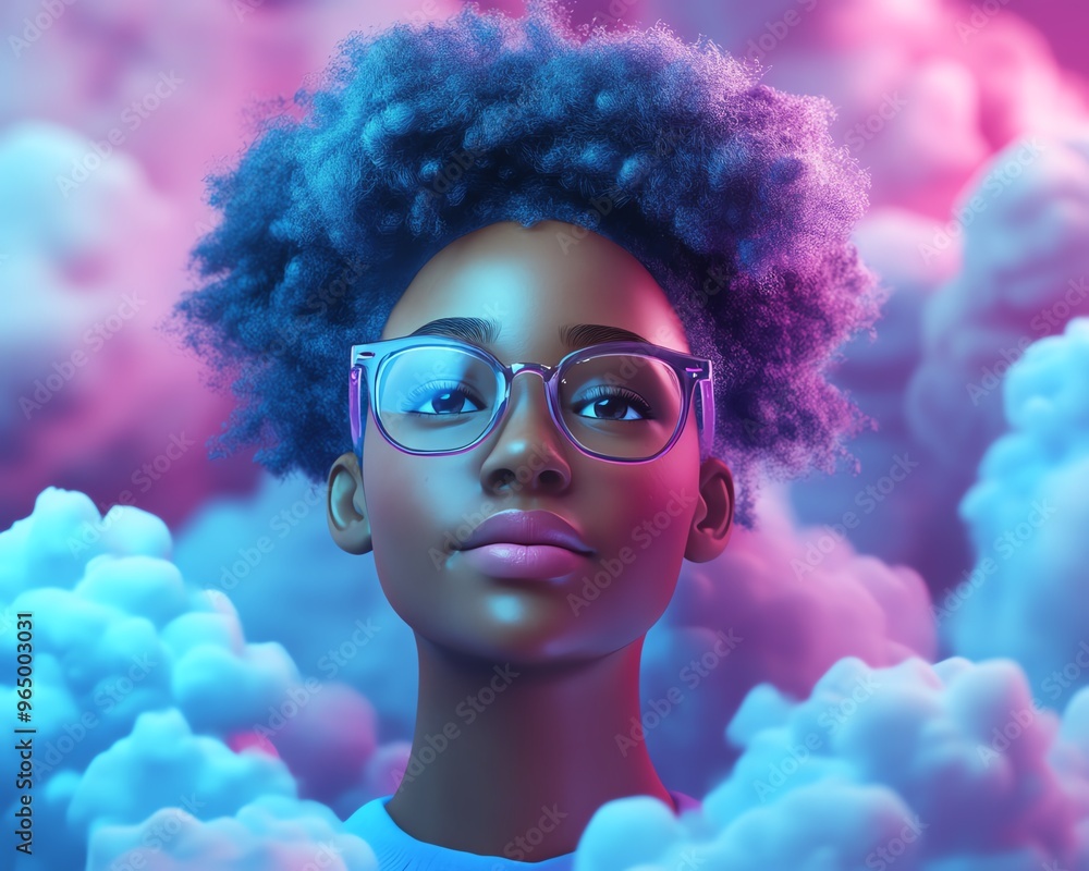 Poster Cloud computing concept featuring African American woman Coco in 3D illustration, using cloud service server for data processing and storage, blogging and mobile app focus