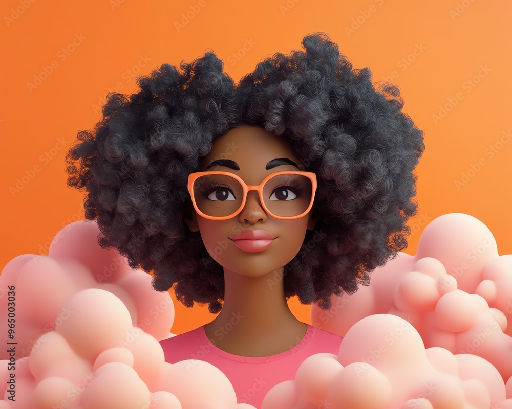 Poster Cloud computing concept featuring African American woman Coco in 3D illustration, using cloud service server for data processing and storage, blogging and mobile app focus