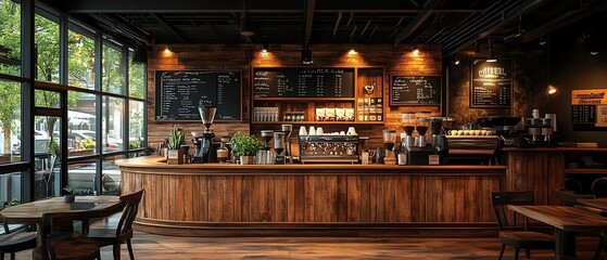 Cafe interior with vintage wooden design, warm and cozy tones, relaxing atmosphere, classic round corner counter, coffee machinery, rustic and comfortable