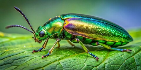 Fototapeta premium The beetle's vibrant green body glimmers with an otherworldly sheen, nestled among the leaf's gentle curves and veins,