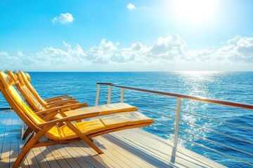 Luxurious cruise ship sailing on the open sea with passengers relaxing on deck chairs