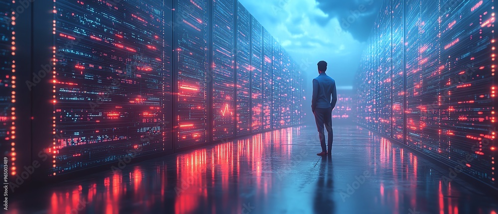 Aufkleber Big Data and Cloud Computing set with 3D illustration of Qadir, male figure, analyzing large data sets on remote servers, identifying mistakes, actionable data concept