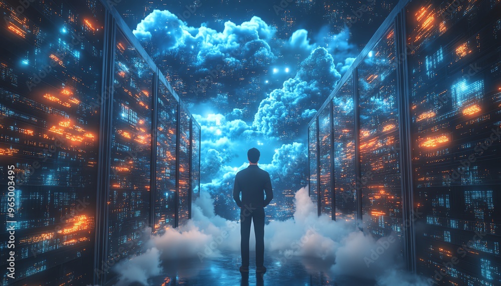 Aufkleber Big Data and Cloud Computing set, 3D illustration of male figure Qadir, analyzing data on remote servers, identifying and correcting mistakes, actionable data concept