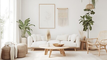 Clean Bohemian Living Room with White Walls, Light Wooden Furniture, and Woven Baskets