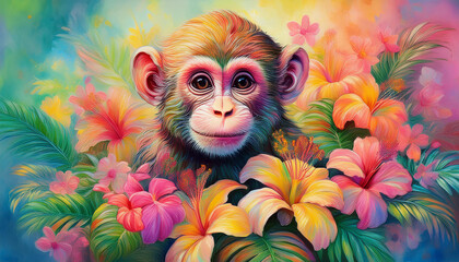 Naklejka premium colorful monkey with tropical concept wall decoration wall art
