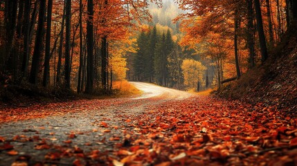 Obraz premium Autumn scene featuring colorful leaves on a road winding through a forest, with majestic mountains in the background. This image captures the essence of fall with vibrant foliage