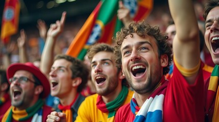 Fototapeta premium Enthusiastic Sports Fans Cheering in Colorful Team Jerseys at Stadium Event