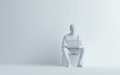 3D rendering of Qadir, male figure, with laptop, social media concept, clean white background, modern tech environment