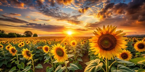 Obraz premium The captivating golden sunflower field is set ablaze by the warm, golden tones of the setting sun, casting
