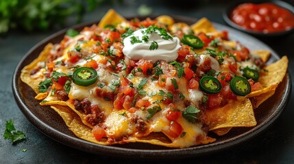 Delicious Mexican Nachos with Beef, Cheese, Tomatoes and Jalapenos