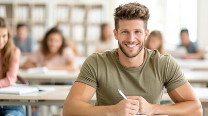 A smiling student engaged in a classroom setting, showcasing focus and enthusiasm for learning while taking notes.