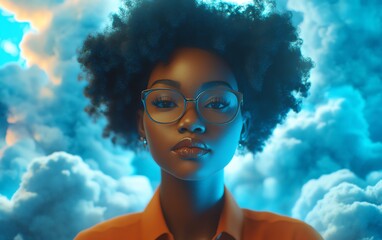 3D rendering of African American woman Coco in cloud computing set, managing cloud service server for storing and processing data, blogging, website, and promotional materials