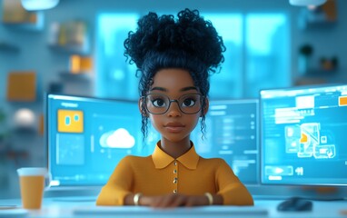 3D rendering of African American woman Coco in cloud computing set, managing cloud service server for storing and processing data, blogging, website, and promotional materials