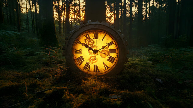 A giant clock face embedded in the ground of a forest clearing, with glowing gears visible beneath the surface, slowly turning as the sun sets