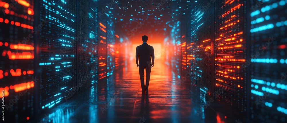 Aufkleber 3d illustration of qadir, male figure, utilizing remote servers for big data and cloud computing, re