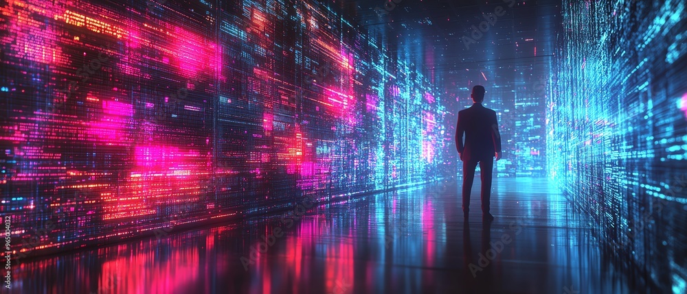 Fototapete 3d illustration of qadir, male figure, utilizing remote servers for big data and cloud computing, re