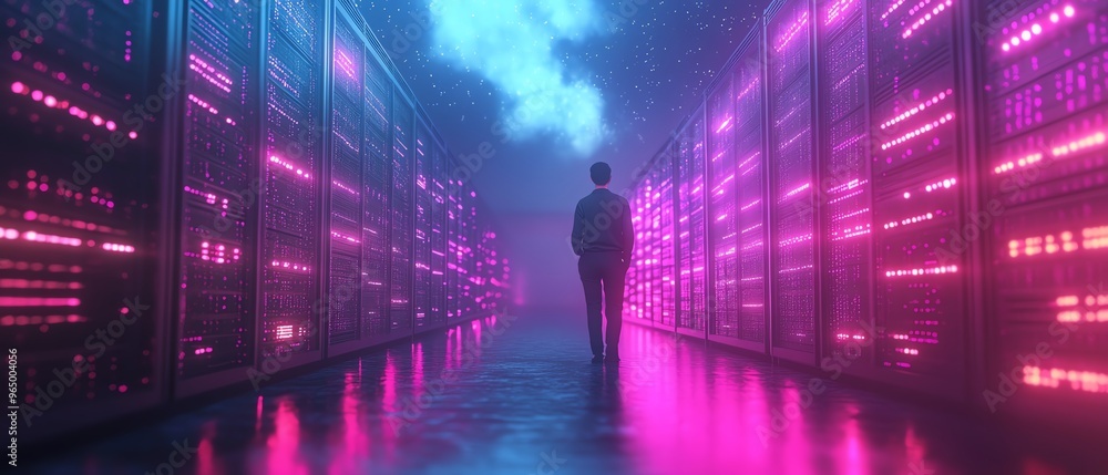 Aufkleber 3D illustration of Qadir, male figure, engaged in big data and cloud computing, analyzing large data sets on remote servers, recognizing mistakes, actionable data concept