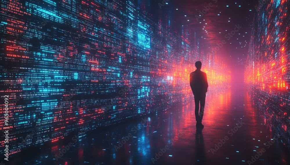 Poster 3D illustration of Qadir, male figure, involved in big data and cloud computing, analyzing large data sets with remote servers, recognizing mistakes, actionable data concept