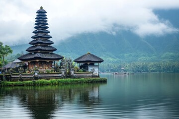 Obraz premium Ulun Danu Beratan temple at the edge of Lake Bratan, Bali, Indonesia , ai