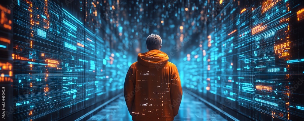 Poster 3D illustration of male figure Qadir using remote servers for big data and cloud computing, analyzing large data sets and recognizing mistakes, actionable data concept