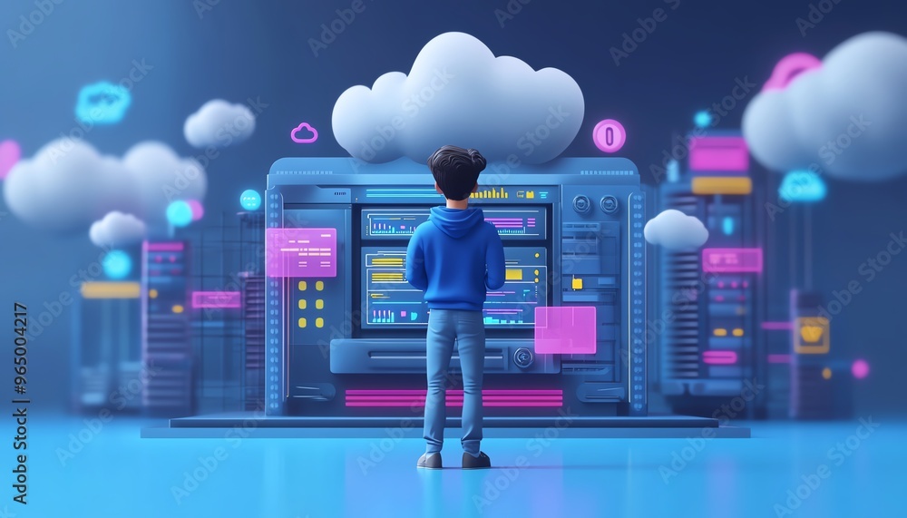 Poster 3D illustration of male figure Qadir using cloud computing, modern flat design, accessing cloud storage and uploading data, data center infrastructure and services