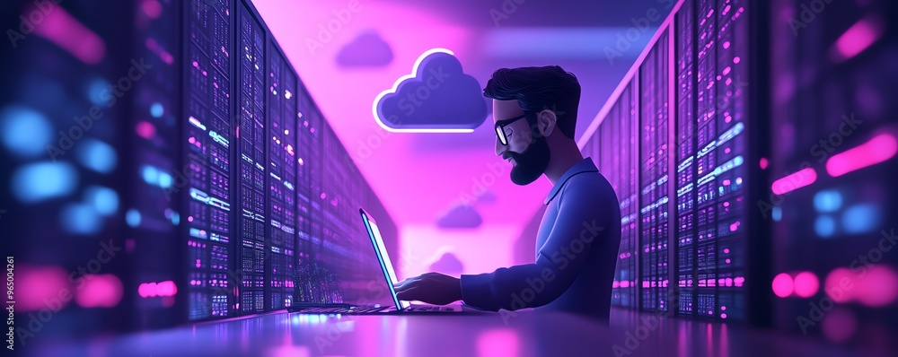 Aufkleber 3D illustration of male figure Qadir in cloud computing concept, modern flat design, accessing cloud storage and uploading data, data center infrastructure
