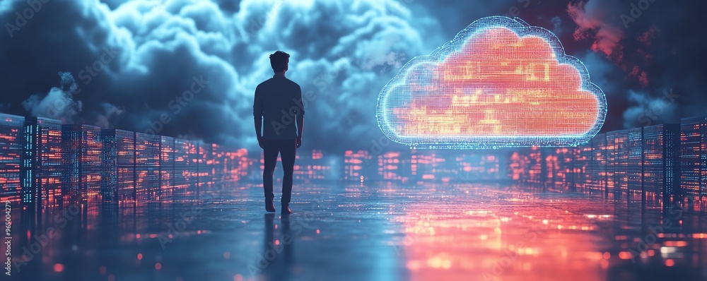 Aufkleber 3D illustration of male figure Qadir in cloud computing concept, modern flat design, accessing cloud storage and uploading data, data center infrastructure