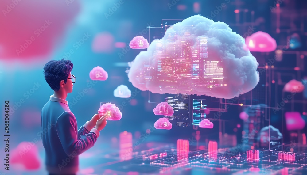 Poster 3D illustration of male figure Qadir using cloud computing, modern flat design, accessing cloud storage and uploading data, data center infrastructure and services