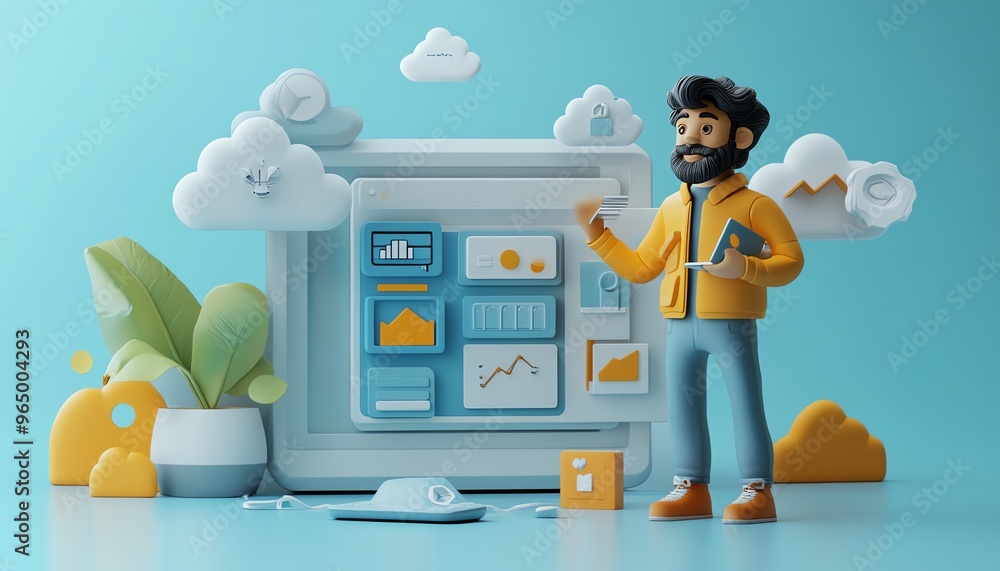 Poster 3D illustration of male figure Qadir using cloud computing, modern flat design, accessing cloud storage and uploading data, data center infrastructure and services
