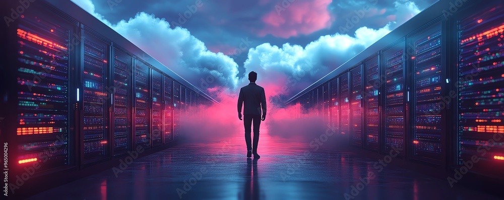 Leinwandbilder 3D illustration of male figure Qadir in cloud computing concept, modern flat design, accessing cloud storage and uploading data, data center infrastructure